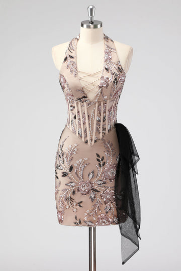 Glitter Halter Blush Korset Stramme Appliques Kort Cocktail Kjole med Perlearbejde